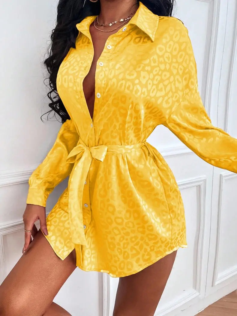 Women Clothing Autumn Satin Shirt Leopard Print Long Sleeve Lining Bella Mia