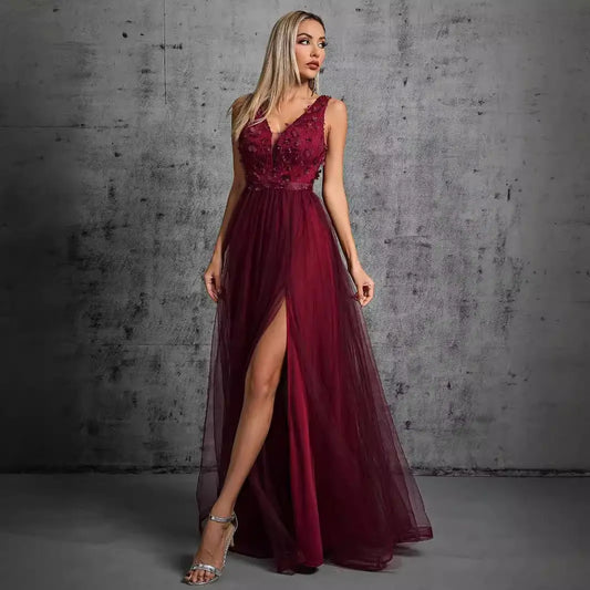 Women Evening Dress Chiffon Double V Neck Sleeveless A Line Maxi Sequin Stitching Bella Mia