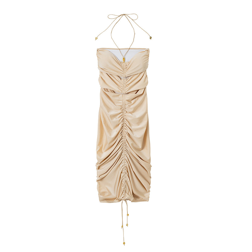 Light Nylon Solid Color Drawstring Draped Dress Sexy Tight Hip Dress Bella Mia