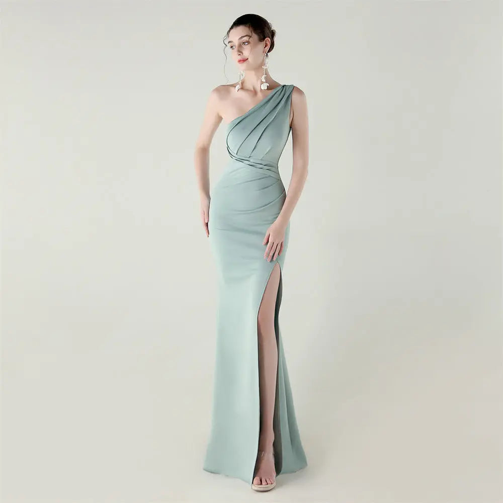 One Shoulder Slim Fit Satin Folding High Slit Sexy Evening Dress Fishtail Dress Dinner Wedding Social Networking Bella Mia