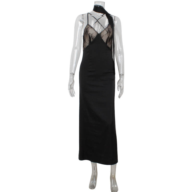 Sexy Lace Stitching Seductive V neck Backless Dinner Sling Dress Dress with Scarf Bella Mia