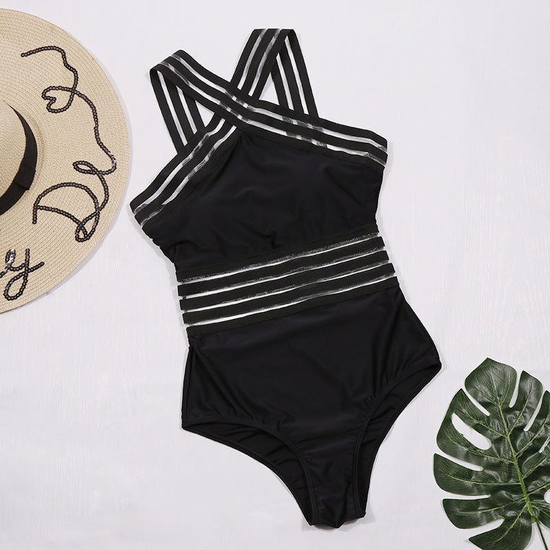 Black Sexy Seaside Beach Swimsuit Halter Striped Tight One-Piece Bikini Swimsuit for Women Bella Mia