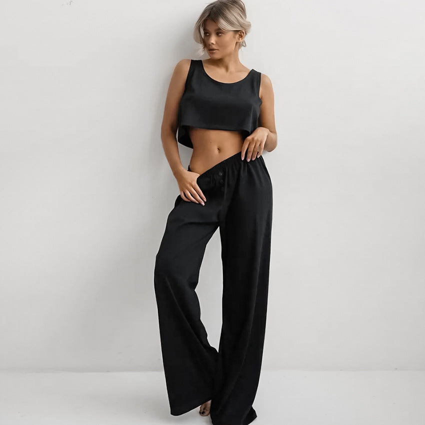 Spring Summer Home Wear Sleeveless Vest Pants Two Piece Set Knitted Emerized Pajamas for Women Bella Mia