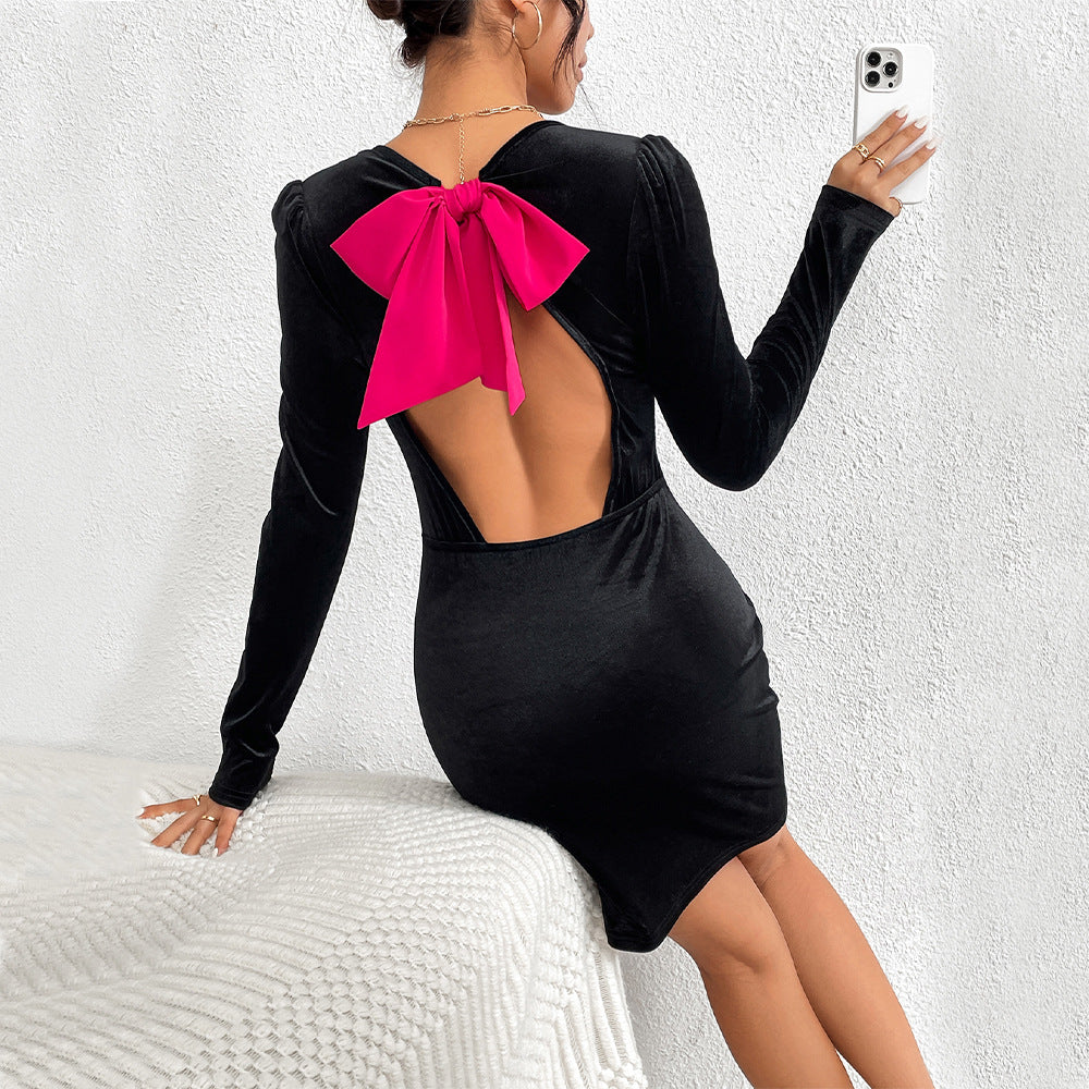 Popular Velvet Bare Back Contrast Color Bow Slim Fit Slim Sexy Hip Bella Mia
