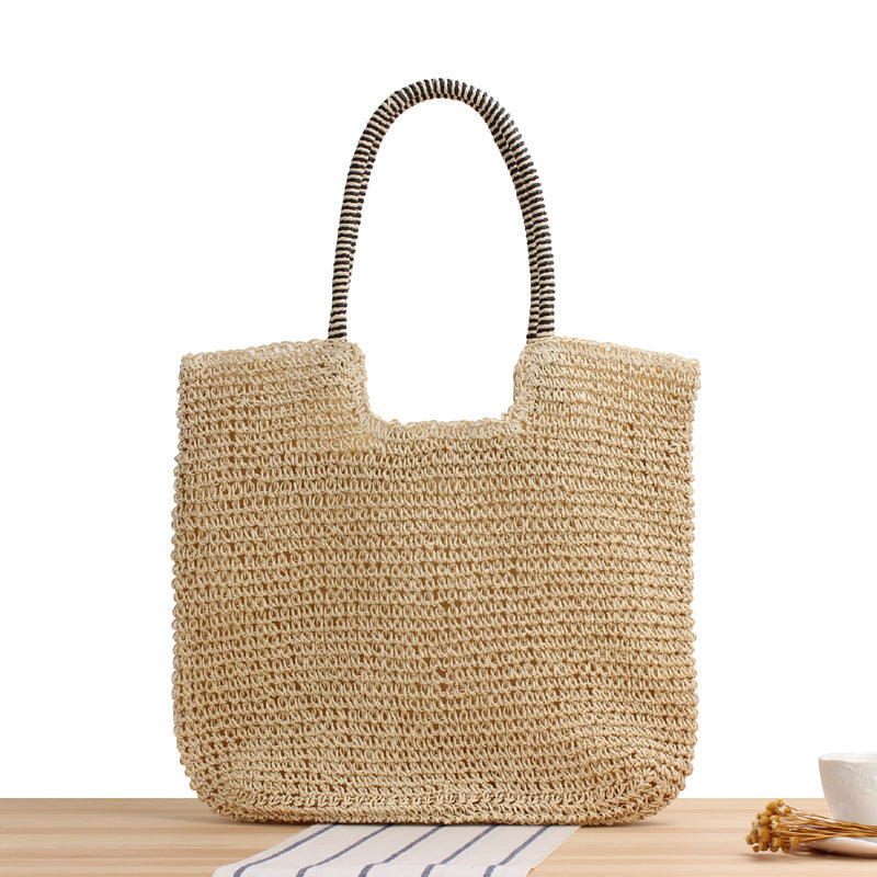 Solid Color Handmade Woven Bag Mori Simple One-Shoulder Straw Bag Summer Beach Bag