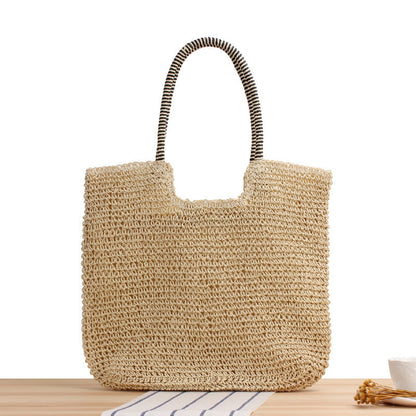 Solid Color Handmade Woven Bag Mori Simple One-Shoulder Straw Bag Summer Beach Bag