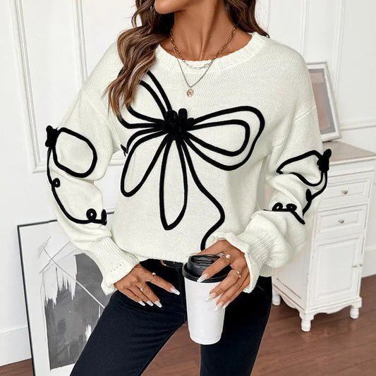 Autumn Winter Cute Sweet Loose Bow Decorative round Neck Sweater for Women Bella Mia