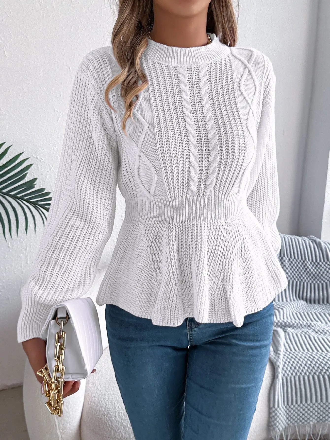 Autumn Winter Twist Waist Ruffles Long Sleeve Crew Neck Pullover Sweater Women Bella Mia