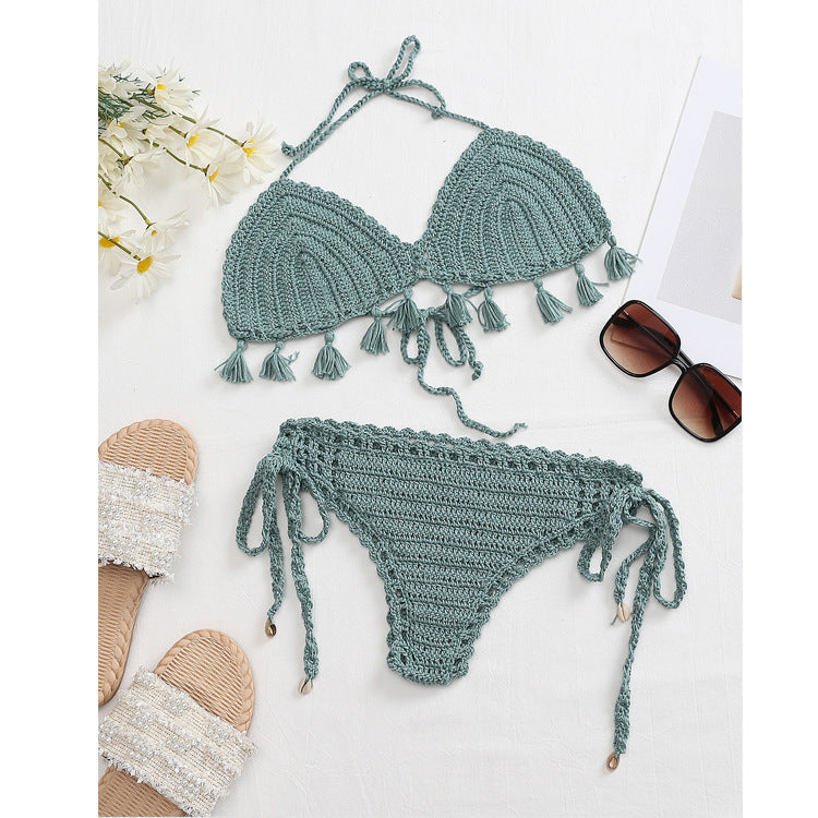 Beach Vacation Knitted Hand Crocheting Sexy Bikini Tassel Shell Strap Split Suit Multi-Color Optional Crochet hook Bella Mia