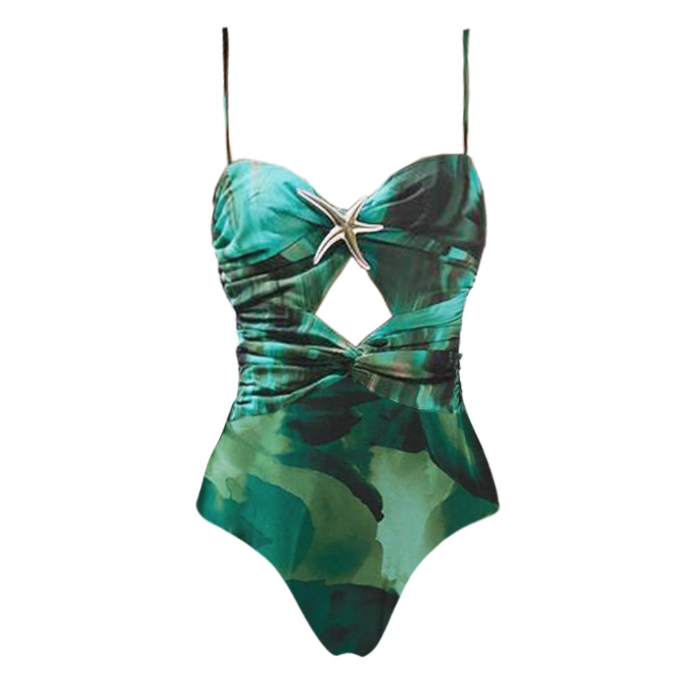 Blackish Green Printing Starfish Decoration One Piece Swimsuit Women Bella Mia