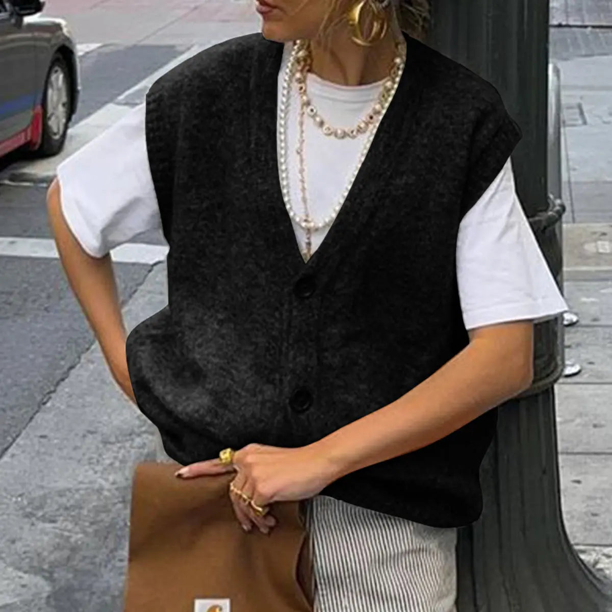 Casual Button Vest Women Polyester Jersey Crew Neck Loose Fit Top Bella Mia