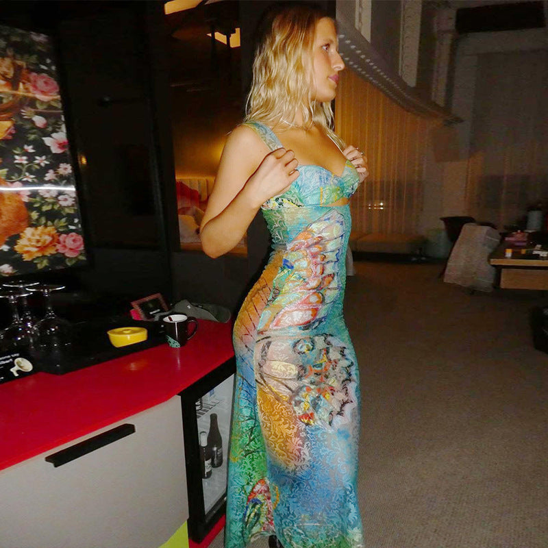 Street Hipster Sexy Hip Summer Lace Print Sleeveless Backless Dress Women Bella Mia