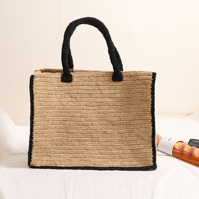 Raffia Square Straw Bag Black Edge Large Capacity Woven Tote Vacation Beach Bag Women Bag Bella Mia