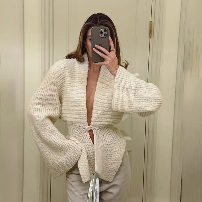 Autumn Winter Deep V Neck Hollow Cutout Cardigan Coat For Women Bella Mia