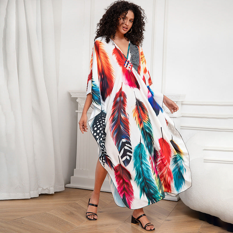 Positioning Print Holiday Loose plus Size Robe Beach Cover up Dress Bikini Cover-up Women's Clothing