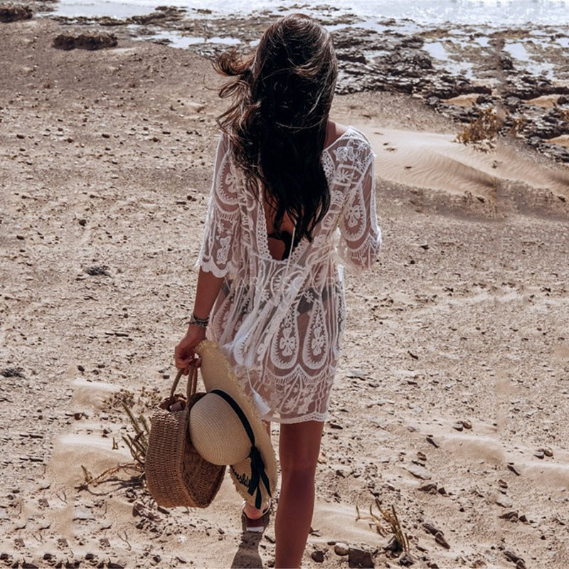 Lace Embroidered Beach Cover-up Seaside Sun Protection Clothing Sexy Halter Bikini Swimsuit Blouse Bella Mia