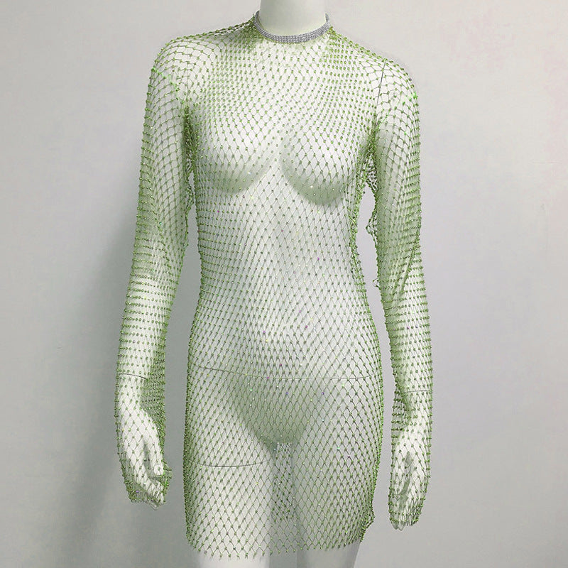 Women Grid Rhinestone Fishnet Dress Sexy Bikini Cover Up Fishnet Beach Dress Bella Mia