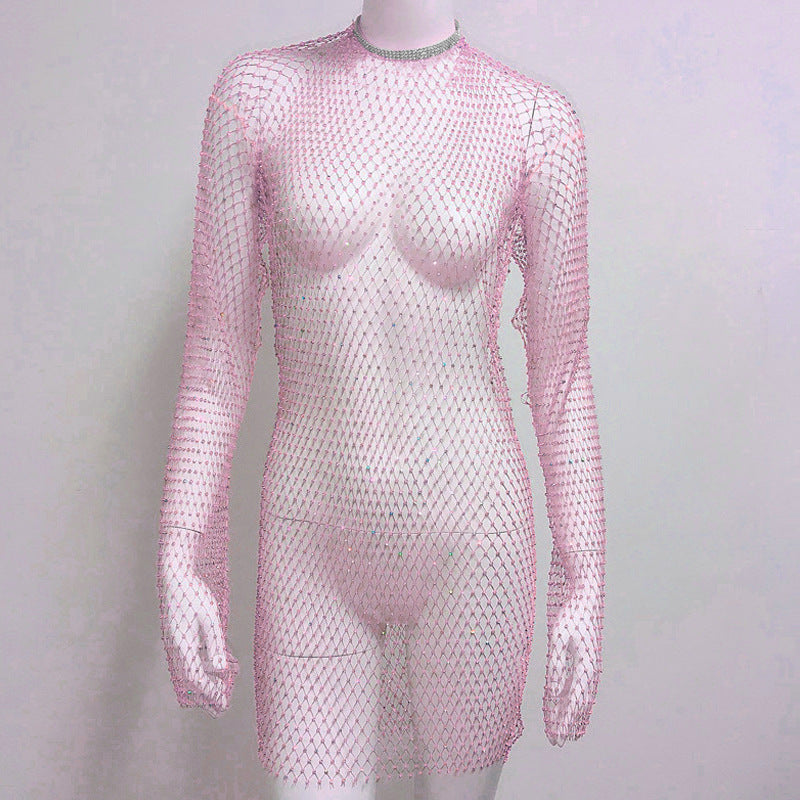 Women Grid Rhinestone Fishnet Dress Sexy Bikini Cover Up Fishnet Beach Dress Bella Mia