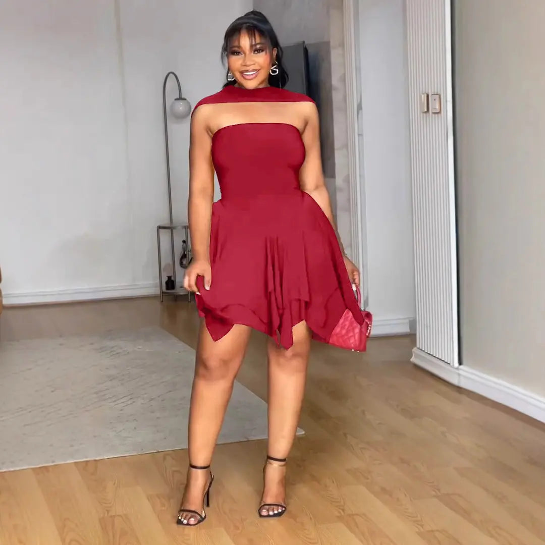 Women Elegant Irregular Asymmetric Double Layer Waist Tube Top Dress Zipper Bella Mia