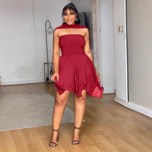 Women Elegant Irregular Asymmetric Double Layer Waist Tube Top Dress Zipper Bella Mia