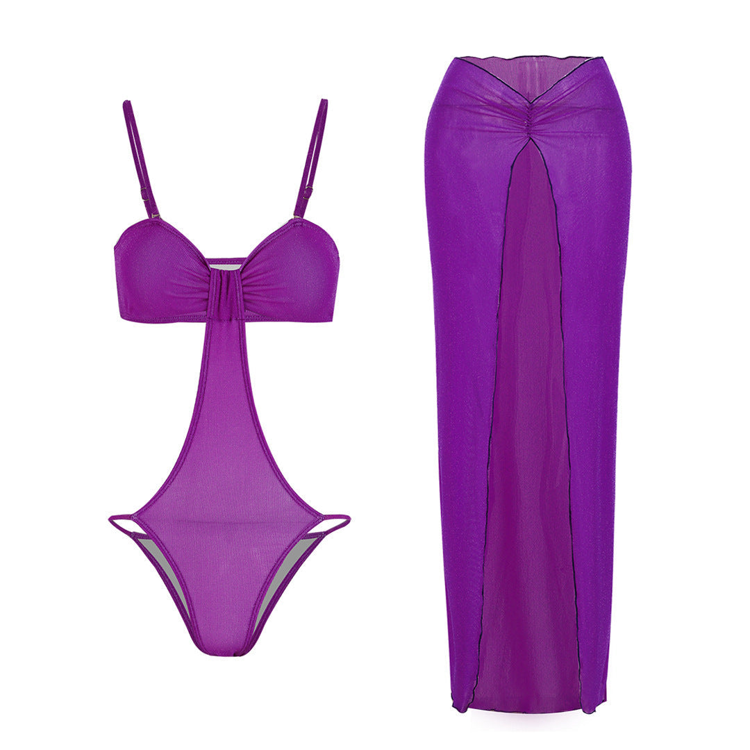 Solid Color Rib Fabric One Piece Bikini Skirt Two Piece Set Swimsuit Women Bella Mia