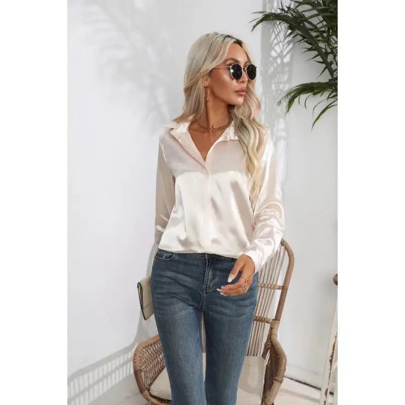 One Button Satin Shirt Office Long Sleeve Shirt Spring Summer Loose Top Women Clothing Bella Mia
