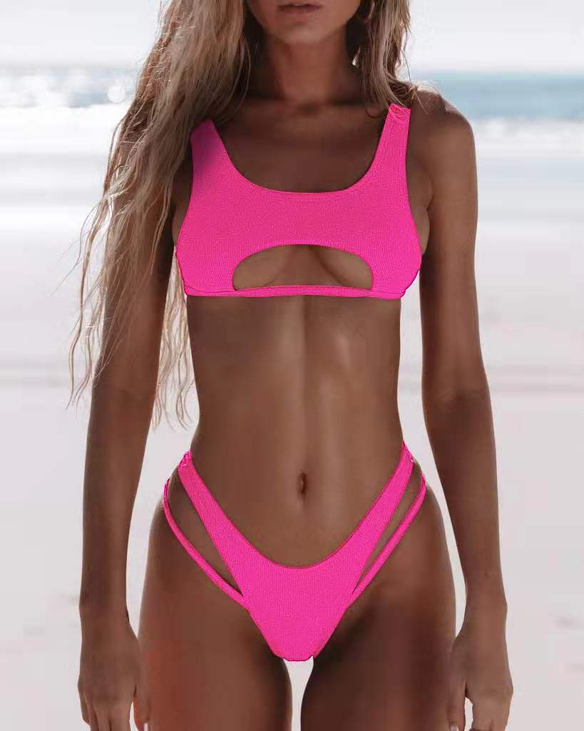 Solid Color Split Hollow Out Cutout Snake Fabric Swimsuit Women Sexy Halter Bikini Bella Mia
