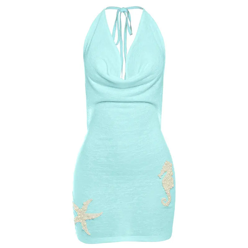 Women Summer Beaded Backless Bodycon Dress With Cowl Neck Sleeveless Bella Mia