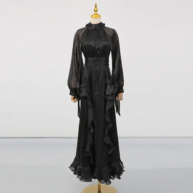 French Elegant Socialite Fairy Dress Summer Stand up Collar Puff Sleeve Pleated Waist Tight Dress Women Bella Mia