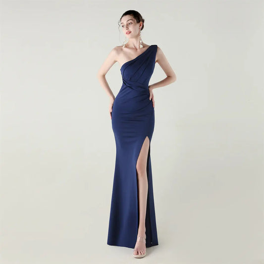One Shoulder Slim Fit Satin Folding High Slit Sexy Evening Dress Fishtail Dress Dinner Wedding Social Networking Bella Mia