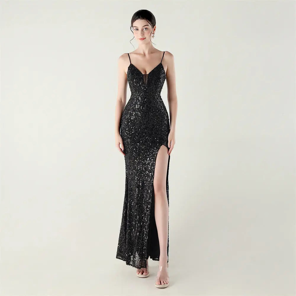 Bead Tube Sequin Spaghetti Strap High Slit Evening Dress Cross Tied Slim Fit Slimming Dinner Social Women Bella Mia