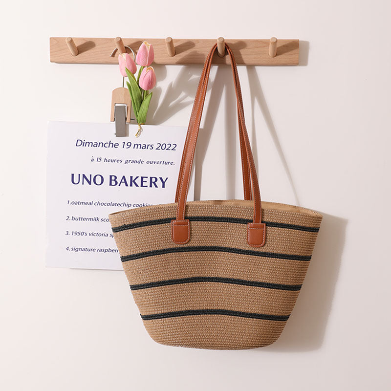 Striped Shoulder Straw Bag Woven Bag Summer Large Capacity Casual All Match Women Seaside Beach Rattan Woven Bag Bella Mia