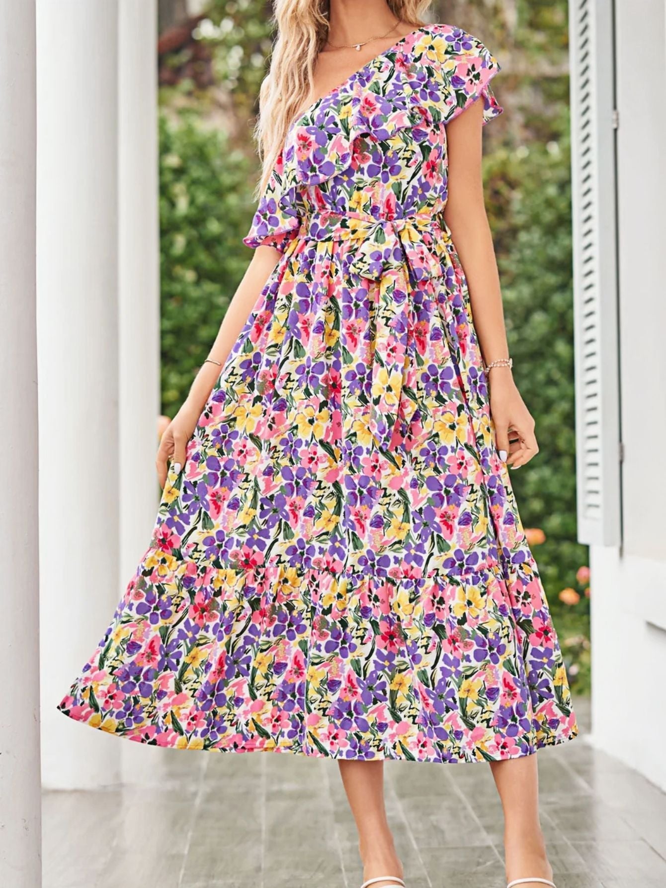 Summer Women Clothing Printed Oblique Shoulder Ruffles Sleeveless Dress Bella Mia