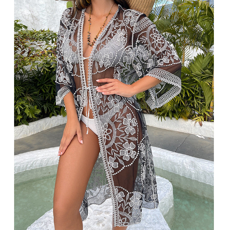 Water Soluble Silk Sun Protection Clothing Hollow Out Cutout Embroidered Strap Loose Sexy Casual Beach Cover Up Bella Mia