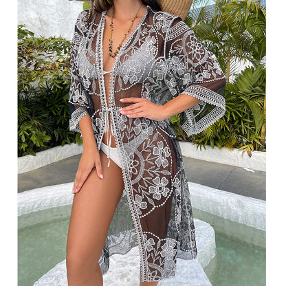 Water Soluble Silk Sun Protection Clothing Hollow Out Cutout Embroidered Strap Loose Sexy Casual Beach Cover Up