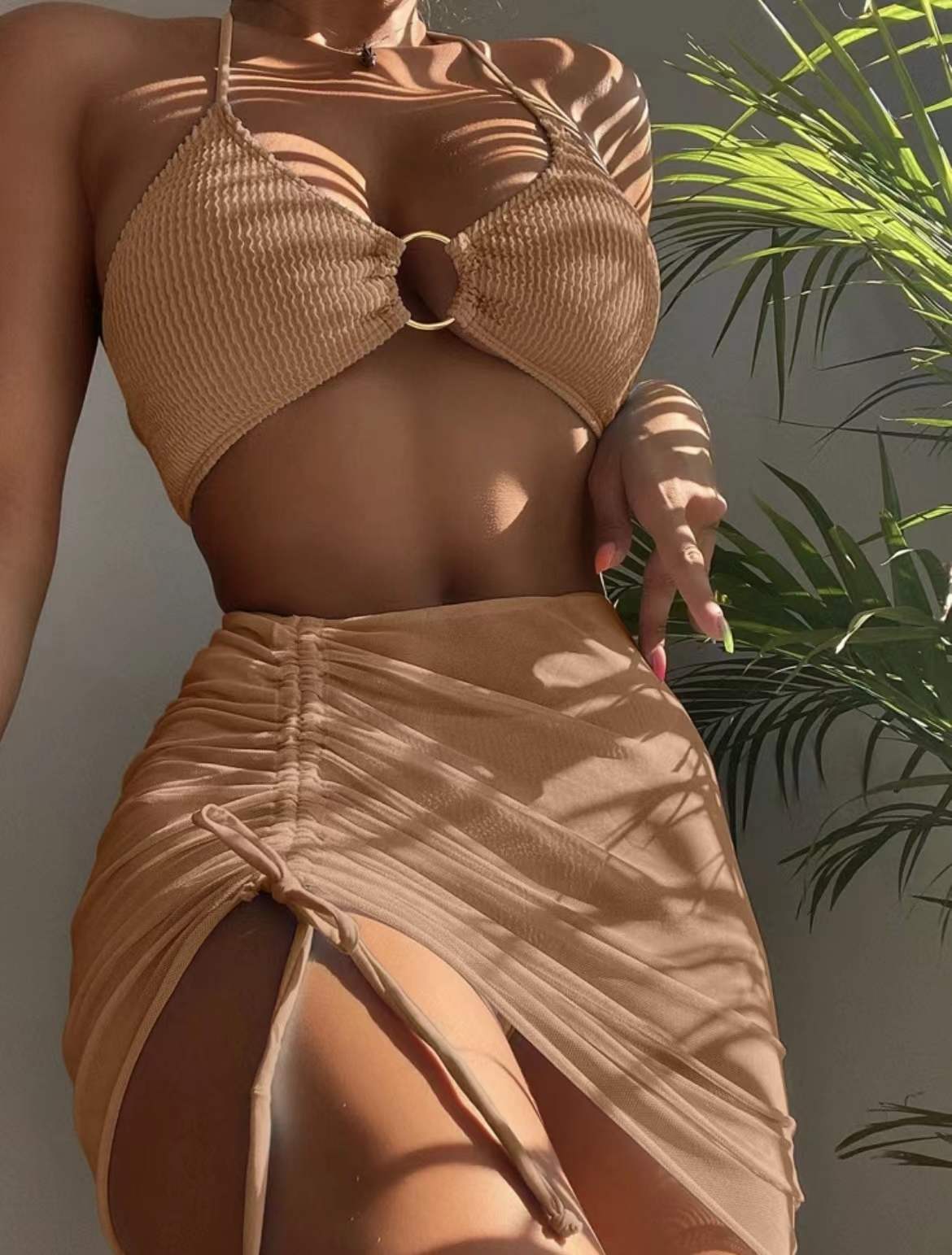 Spring Summer Women Swimsuit Slim Solid Color Sexy Halter Three Piece Set