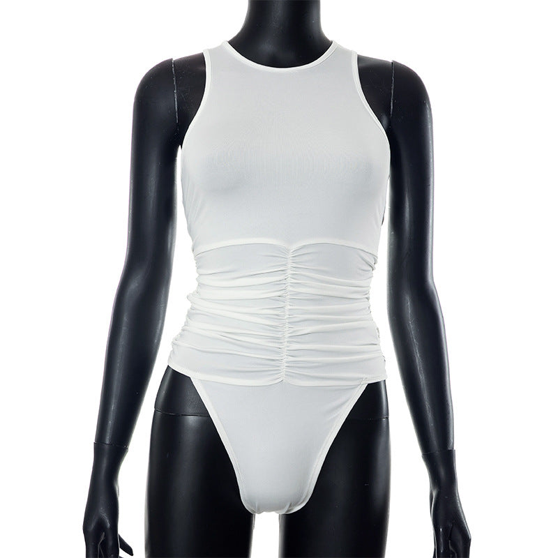 Women Clothing Summer Solid Color round Neck Sleeveless Back Zipper Hollow Out Cutout umpsuit for Women Bella Mia