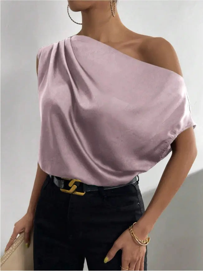 Spring Solid Color Satin Artificial Silk Irregular Asymmetric Shoulder off Shoulder Pullover Sleeveless Shirt Women Clothing Bella Mia