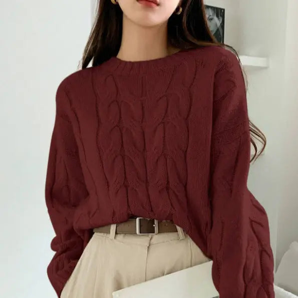 Casual Women Loose Cable Knit Sweater Crew Neck Pullover Autumn Winter Bella Mia