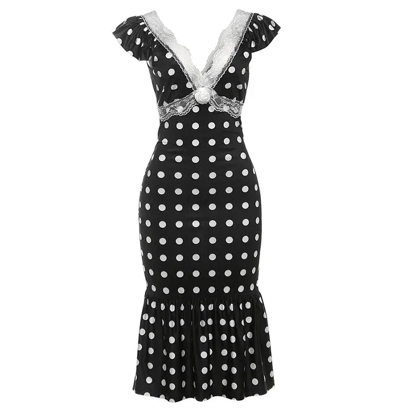 Women Clothing Autumn Elegance Retro V neck Slim Fit Sexy Backless Lace Polka Dot Dress Women Bella Mia