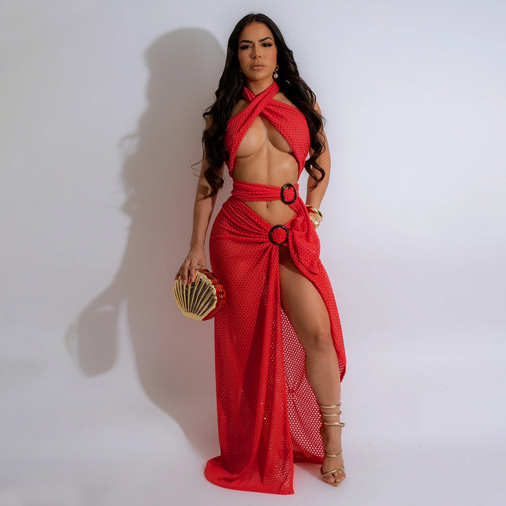 Sexy Halter Mesh Slim Fit High Slit Dress Women Solid Color Bella Mia