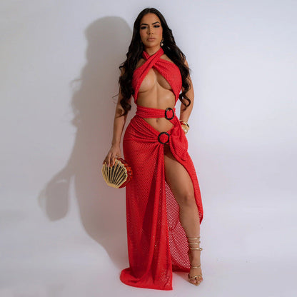 Sexy Halter Mesh Slim Fit High Slit Dress Women Solid Color