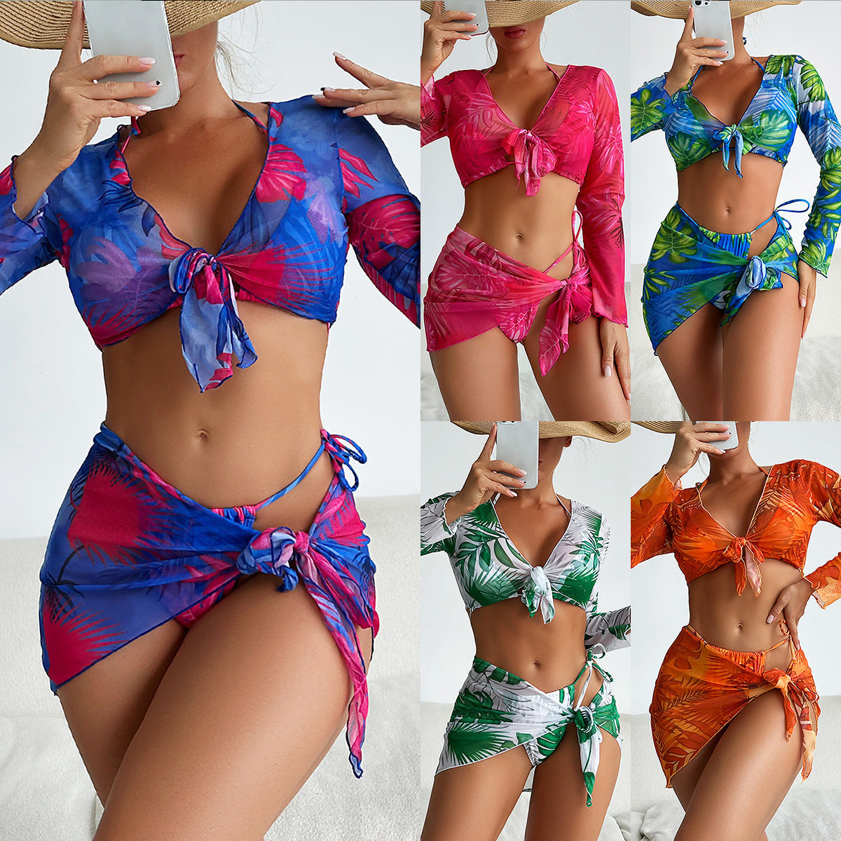 Swimsuit Women Split Four Piece Long Sleeve Internet Celebrity Printed Lace up Bikini Swimsuit Bella Mia
