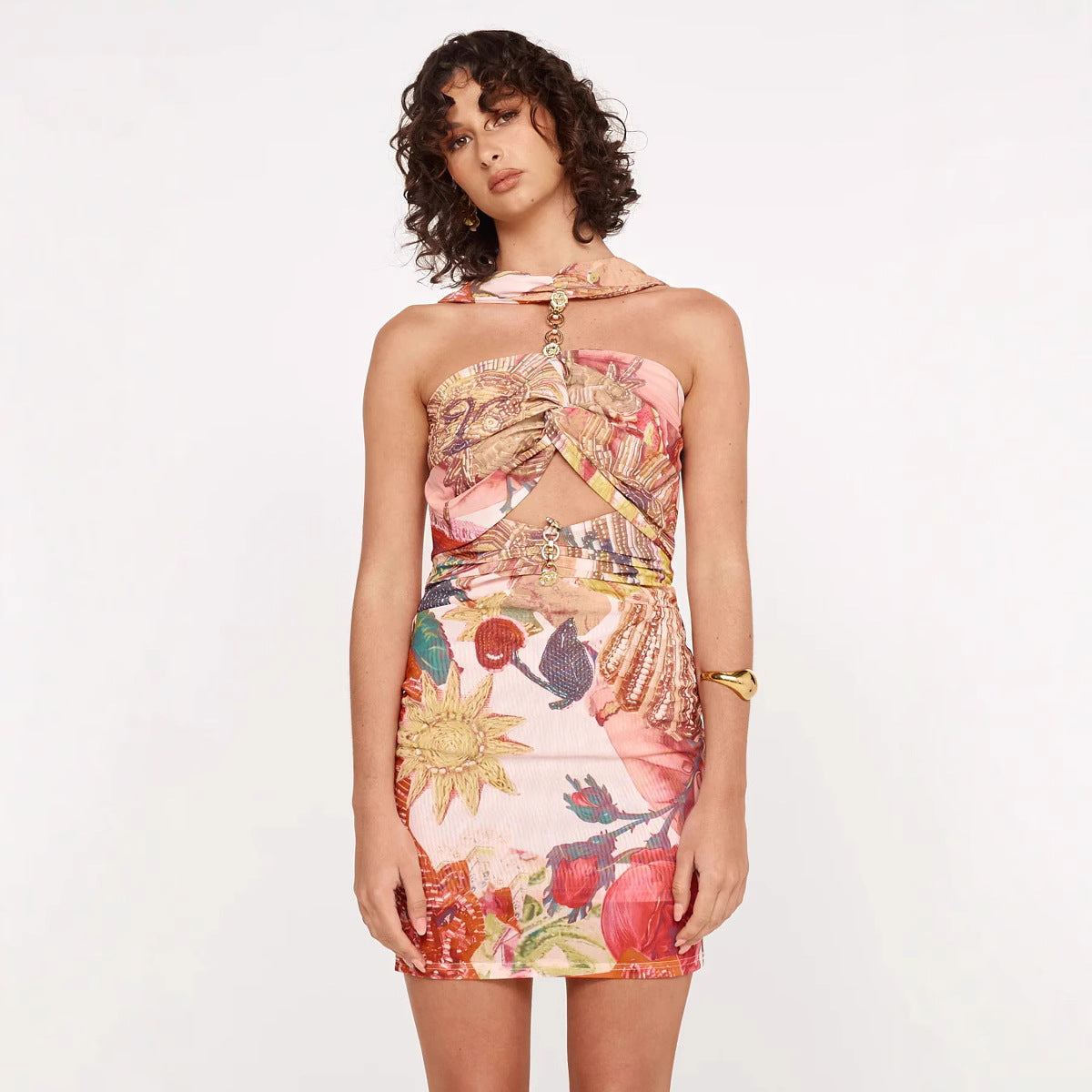 Spring Summer Halter Mesh Printing Dress Elastic Casual Holiday Dress Bella Mia