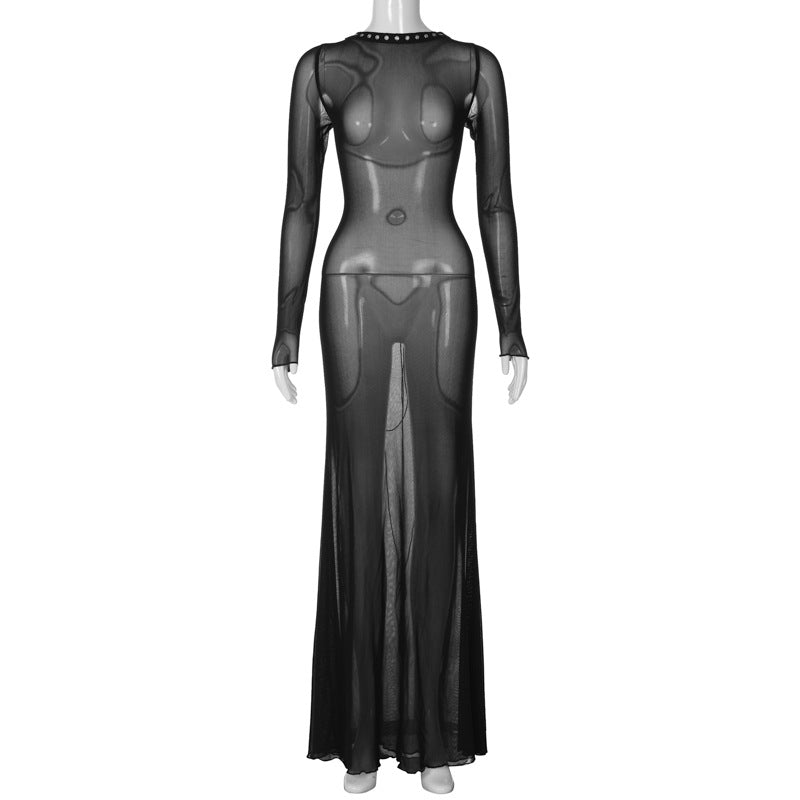 Autumn Women Clothing Sexy Mesh Backless Lace up Long Sleeve Super Maxi Dress for Women Bella Mia