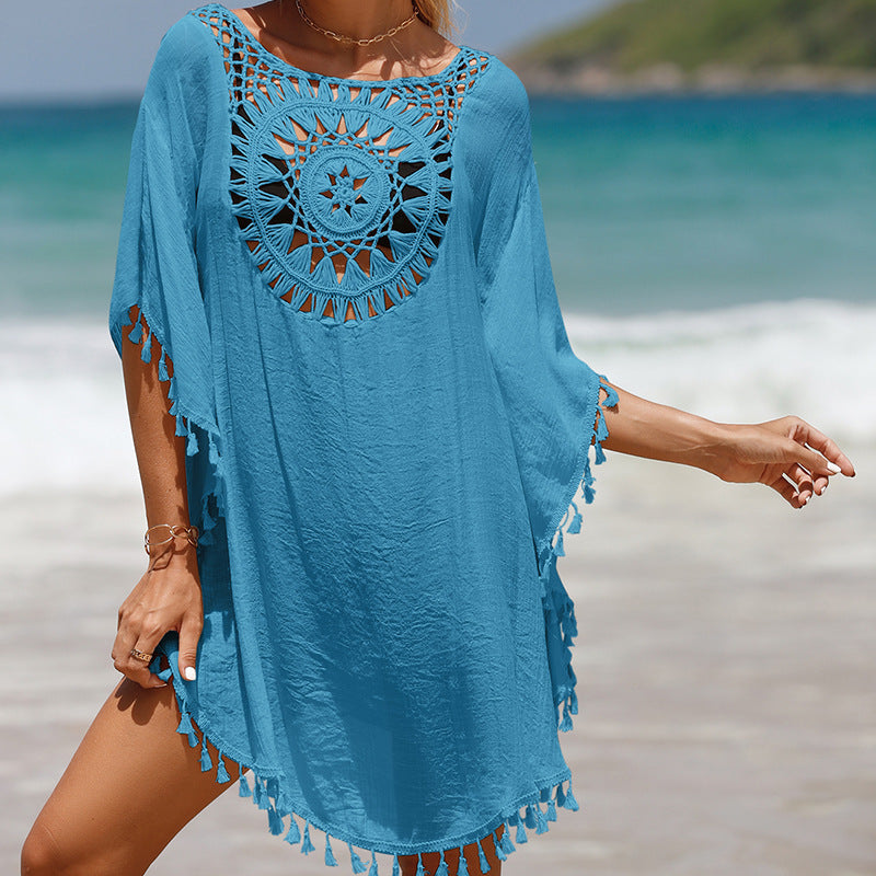 Vacation Hand Crocheting Solid Color Stitching Beach Dress Fimbrilla Sun Protection Short Sexy Beach Blouse Bella Mia