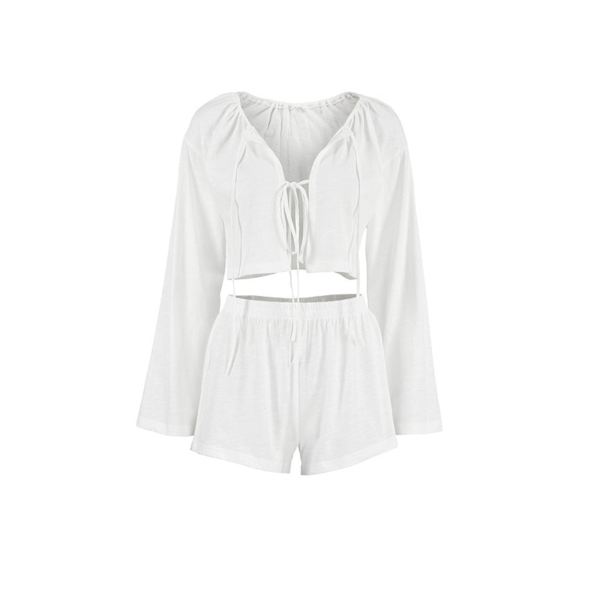 Spring White Pure Cotton Cardigan Lace up Ladies Homewear Casual Long Sleeve Shorts Pajamas Two Piece Set Bella Mia