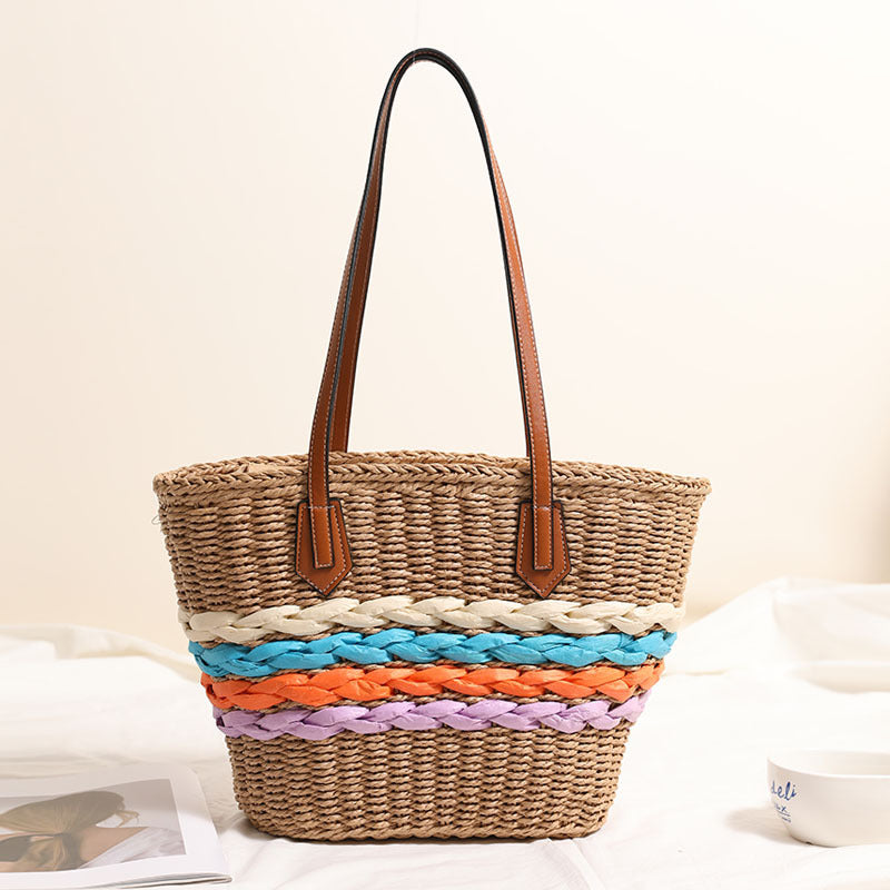 Bohemian One Shoulder Straw Bag Rainbow Stripes Straw Bag Woven Bag Vacation Beach Bag Women Bag Bella Mia