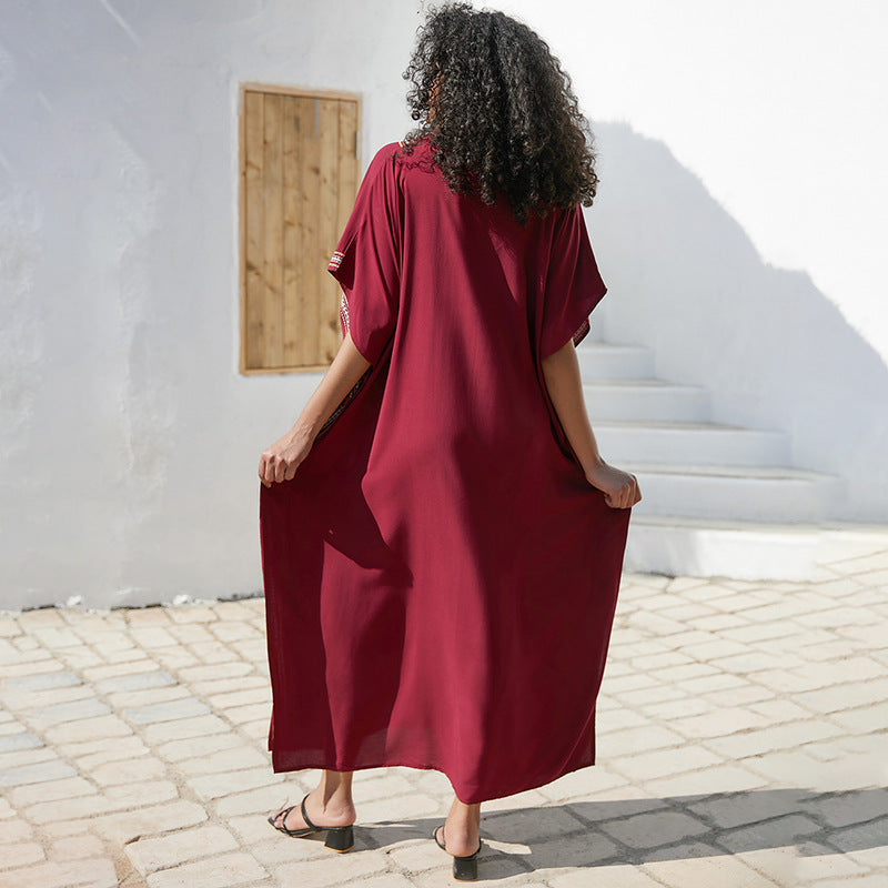 Rayon Embroidered Robe Women Embroidered Vacation Loose Beach Jacket Maxi Dress Beach Cover Up Bella Mia
