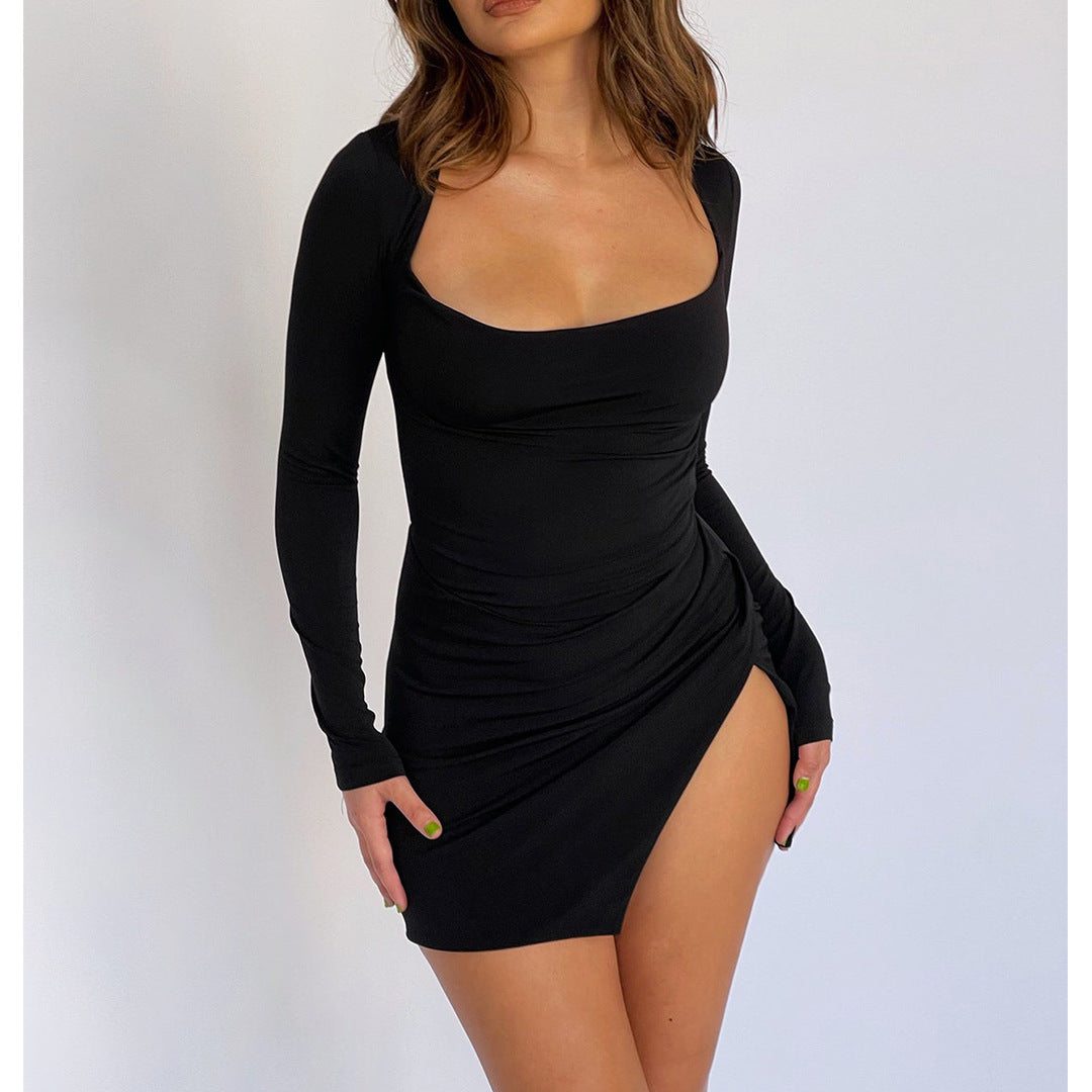 Women Clothing Sexy Backless Lace Up Split Long Sleeve Swing Collar Dress Bella Mia